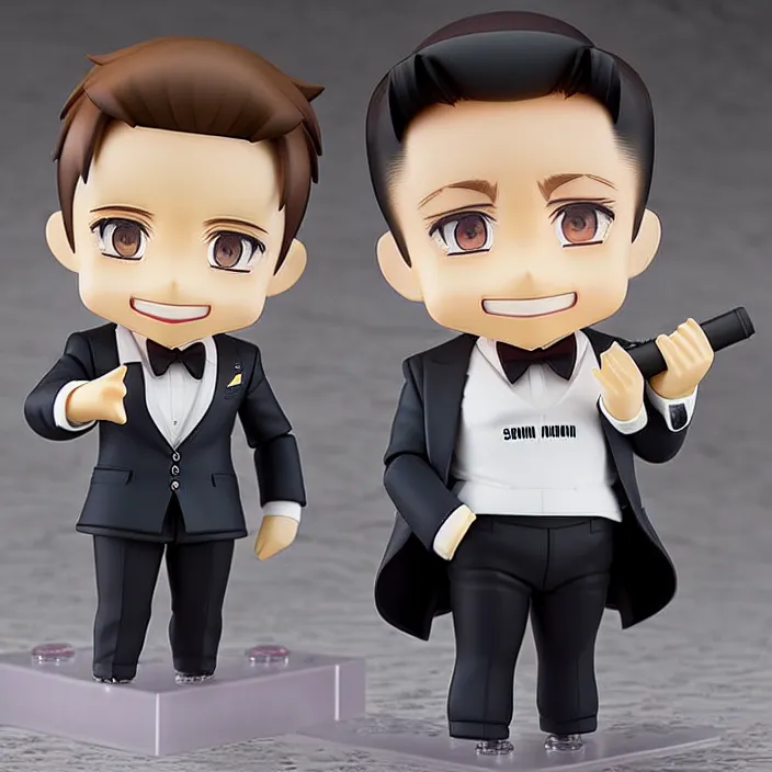 Image similar to a anime nendoroid of elon musk wear giorgio armani suits and black shoe, car tesla 3, figurine, smile, product photo, detailed