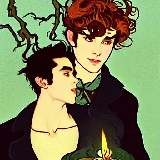 Image similar to painting of young cute handsome beautiful dark medium wavy hair man in his 2 0 s named shadow taehyung and cute handsome beautiful min - jun together at the halloween! party, bubbling cauldron!, candles!, smoke, autumn! colors, elegant, wearing suits!, delicate facial features, art by alphonse mucha, vincent van gogh, egon schiele