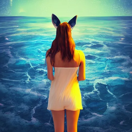 Prompt: a beautiful woman with with fox ears standing in the ocean, digital art, acrylic, long shot, detailed, glows, moonlight, bokeh, depth of field, colorful,