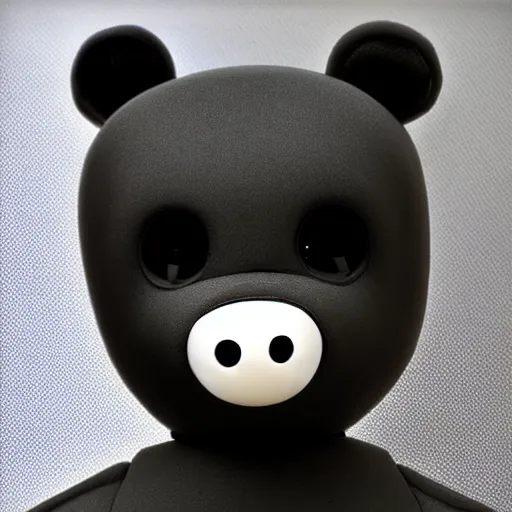 Image similar to robot black teddy bear with red eyes, face close up, realistic, highly detailed, studio photo, dark lighting