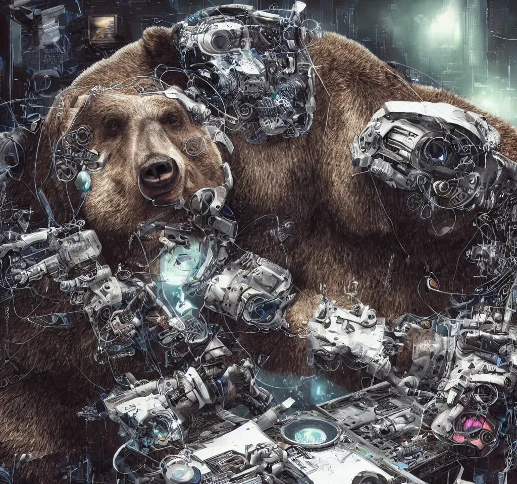 Image similar to a cyborg grizzly bear dj mixing records on stage, photorealistic, highly detailed, sharp focus, illustration, lifelike, highly detailed, intricate, cyberpunk, biomechanics,