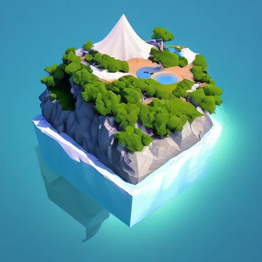 Image similar to a floating island on an ocean isometric art, low poly art, game art, artstation, 3D render, high detail, cgsociety, unreal engine 5