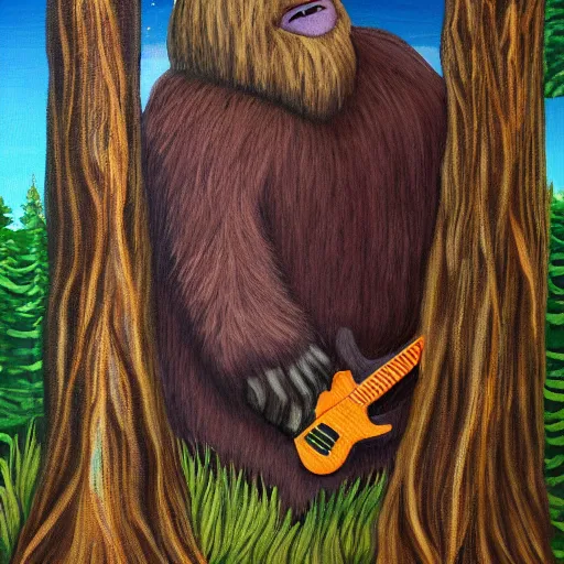 Prompt: painting of bigfoot in the forest holding a bass guitar with a wig on his head