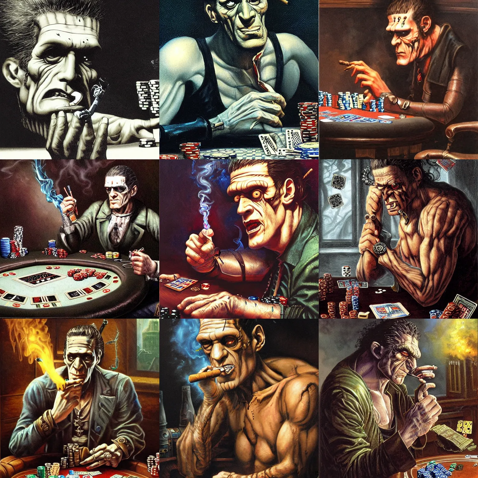 Prompt: Frankenstein smoking a cigar while playing poker by Greg Staples, ultra detailed, intricate details, HD