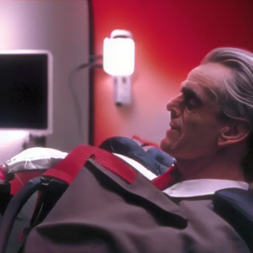 Image similar to a scene from the movie dead ringers with clean shaven jeremy irons, dark cinematic lighting, heavy black and red palette and color contrast, medical equipment, movie directed by wes craven