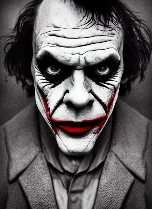 Image similar to photo of Hugo Weaving as the Joker by Lee Jeffries , big smile, head shot, detailed, award winning, Sony a7R