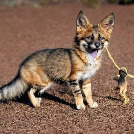 Image similar to a kitten looking at a string in the foreground, a german shepherd hunting a fox in the background