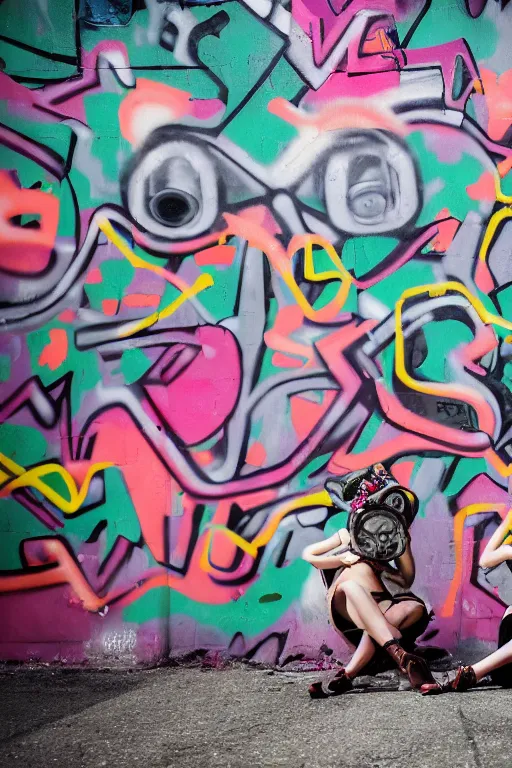 Image similar to a surreal portrait of two women wearing gas masks camouflaged into a wall of colorful graffiti in the style of brooke didonato, editorial fashion photography from vogue magazine, full shot, nikon d 8 1 0, ƒ / 2. 5, focal length : 8 5. 0 mm, exposure time : 1 / 8 0 0, iso : 2 0 0