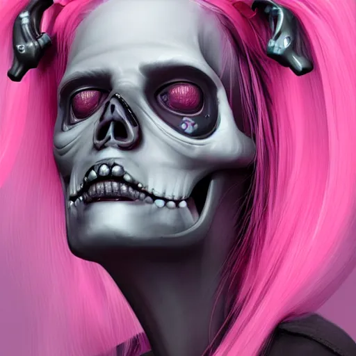 Prompt: a digital painting of a woman with pink hair with a skull on her face, cyberpunk art by android jones, zbrush central contest winner, gothic art, apocalypse art, darksynth, zbrush
