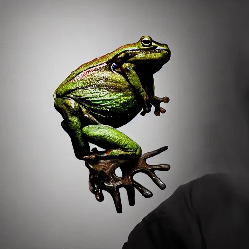 Image similar to hyperrealistic mixed media image of a ( info wars alex jones ) with body of a bullfrog, stunning 3 d render inspired art by greg rutkowski and xiang duan and thomas eakes, perfect symmetry, flesh texture, realistic, highly detailed attributes and atmosphere, dim volumetric cinematic lighting, 8 k octane detailed render, post - processing, masterpiece,