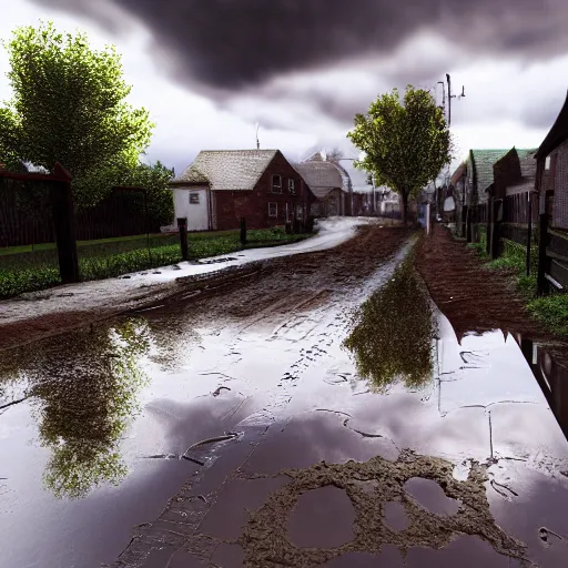 Prompt: still photo of rain puddles and reflections in a muddy village, cloudy weather, highly detailed, photorealistic shot, bright studio setting, studio lighting, crisp quality and light reflections, unreal engine 5 quality render