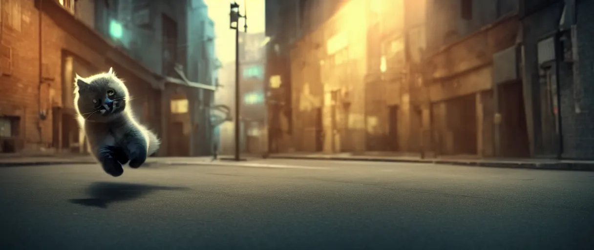 Image similar to 3d render of a cute flooffy fat catman jumping on a dark city alley sharp cinematic lighting octane 8k low angle shallow depth of field