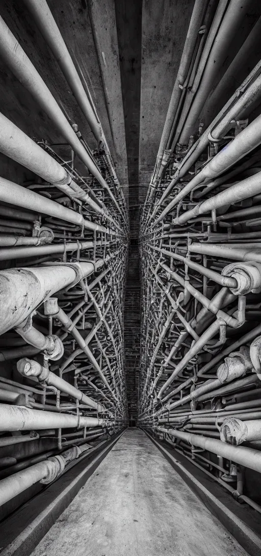 Prompt: endless concrete structure with steel pipes, dark, creepy,