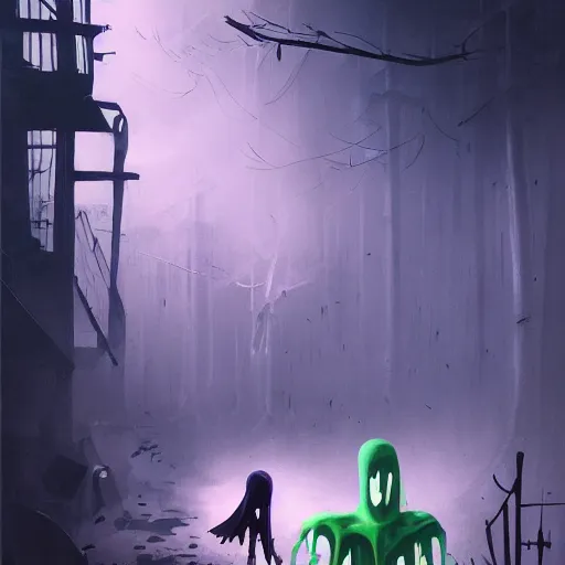 Image similar to a being of green ghostly viscous slime ooze making its way through abandoned midnight streets, skeletal ghosts, wisp lights, rhads,