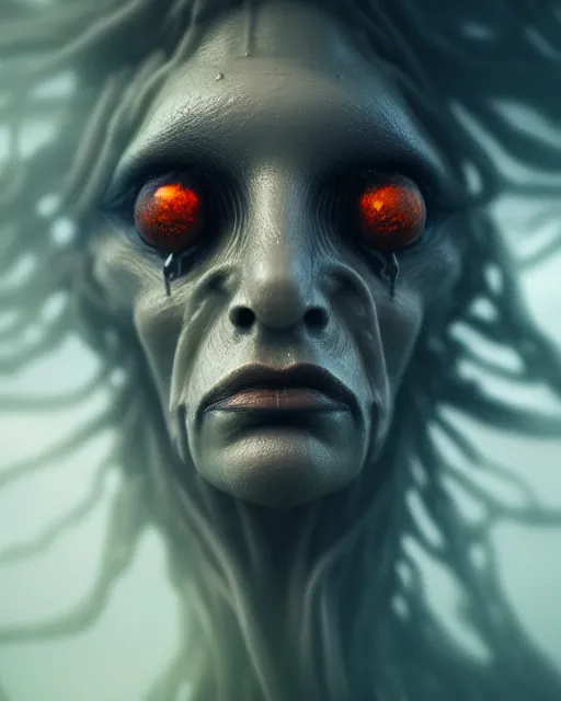 Image similar to a close up portrait of a creepy grotesque sea witch with dark turbulent skies, photorealistic, by jessica rossier, 4 k resolution