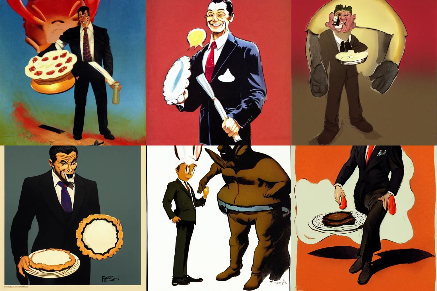 Prompt: a man-boy with big bunny teeth wearing an ill fitting business suit. He has a black dot on his lip. Both his hands are cupped and he is holding a giant baked pie, concept art, smooth, sharp focus, illustration by Frank Frazetta