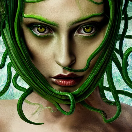 Image similar to medusa with flowing green snakes. close up of full head. painterly. digital art. elegant. scary. highly detailed. 4 k