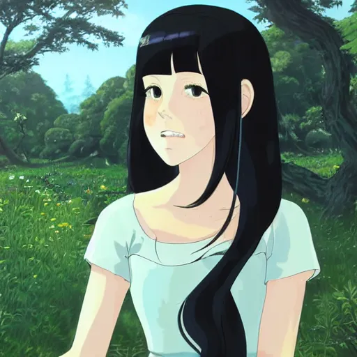 Prompt: Character portrait of a young beautiful woman with long black hair and bangs in a lush park, focus on facial features, large eyes, highly detailed, cel shading, Studio Ghibli still, by Makoto Shinkai and Akihiko Yoshida