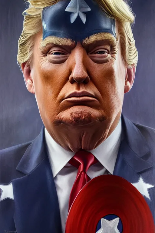 Image similar to hyperrealistic painting of Donald Trump as Captain America, D&D, fantasy, photorealism, accurate depiction, intricate, elegant, highly detailed, digital painting, post processing, extremely detailed, face symmetry, artstation, concept art, matte, smooth, sharp focus, illustration, art by Artgerm and Greg Rutkowski and Alphonse Mucha, oil painting, 8k