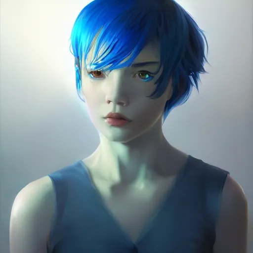 Image similar to ilya kuvshinov with blue hair, yellow irises, professional digital painting, concept art, unreal engine 5, 8 k, cinematic, wlop, tendrils in the background, art by greg rutkowski, pixiv art, junji ito, yoshitaka amano