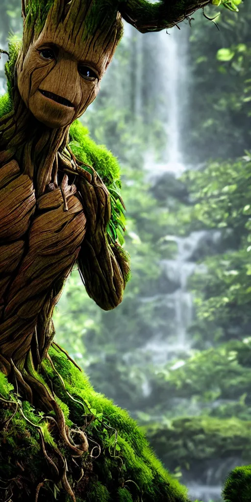 Image similar to photorealistic wide shot focus portrait of Groot posing, under waterfall, jungle, green moss, bokeh, octane render, unreal engine 4k, volumetric lighting, mist, twilight, detailed