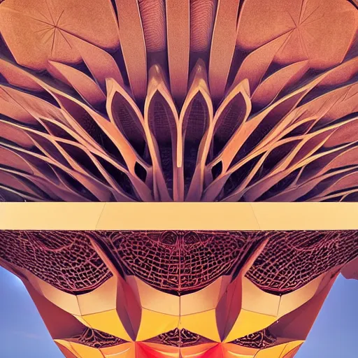 Image similar to futuristic lotus fractal temple with gold, red and white marble panels, in the desert, by buckminster fuller and syd mead, intricate contemporary architecture, photo journalism, photography, cinematic, national geographic photoshoot