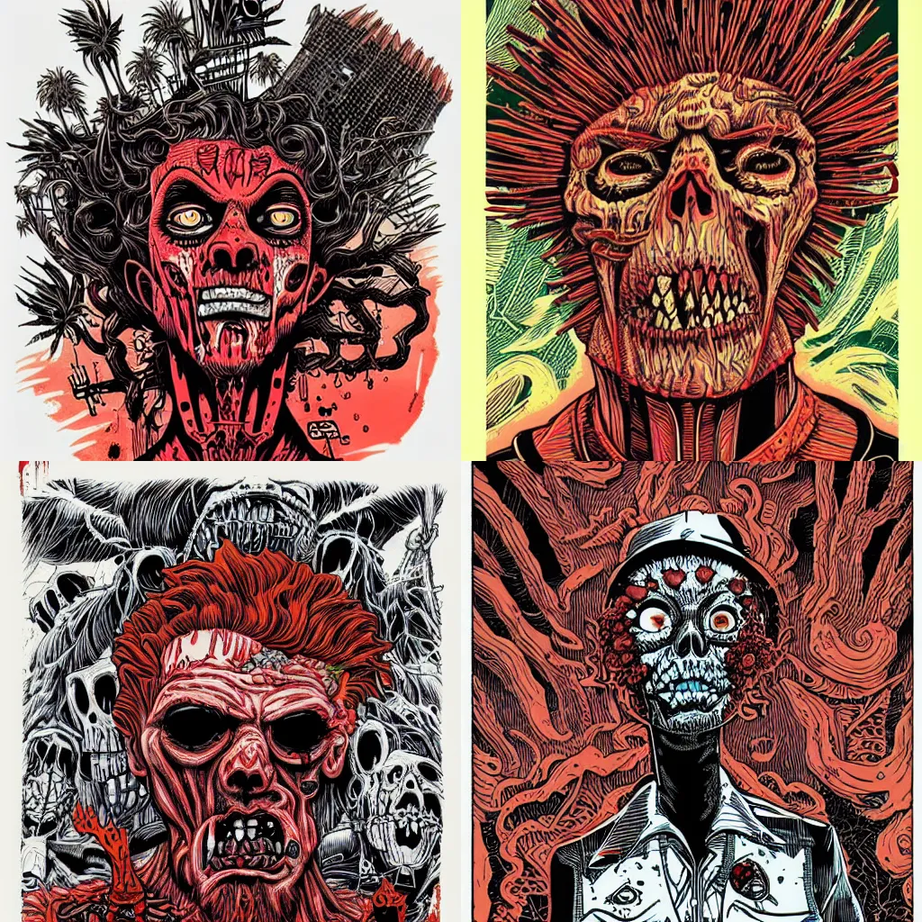 Prompt: single zombie portrait by mcbess featuring red brains, by Philippe Druillet, palm trees, full colour, red!!!!!