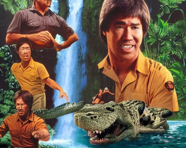 Image similar to steve irwin with dingo and crocodile and bruce lee, waterfall background, epic colorful hyper detailed cinematic still