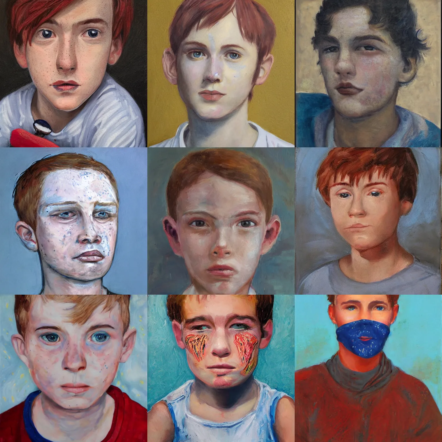 Prompt: face portrait of a teen boy with short red hair and a lot of freckles and blue eyes and a long nose, highly detailed, painting