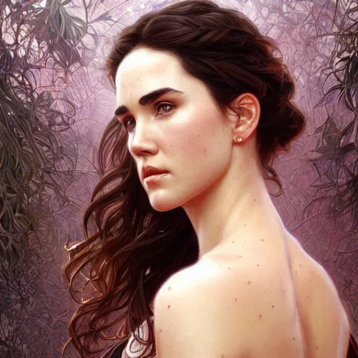 Image similar to ultra realistic illustration, jennifer connelly, intricate, elegant, highly detailed, digital painting, artstation, smooth, sharp focus, art by artgerm and greg rutkowski and alphonse mucha