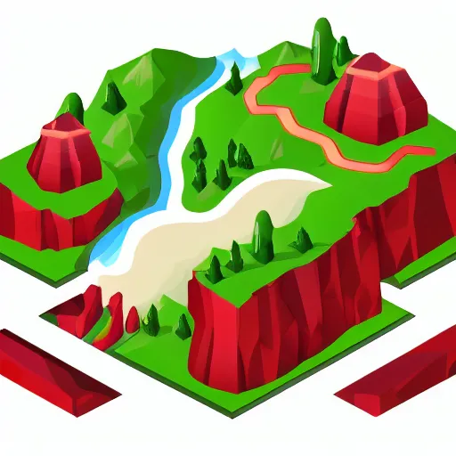 Image similar to isometric view of a mountain with red gems as resources, svg