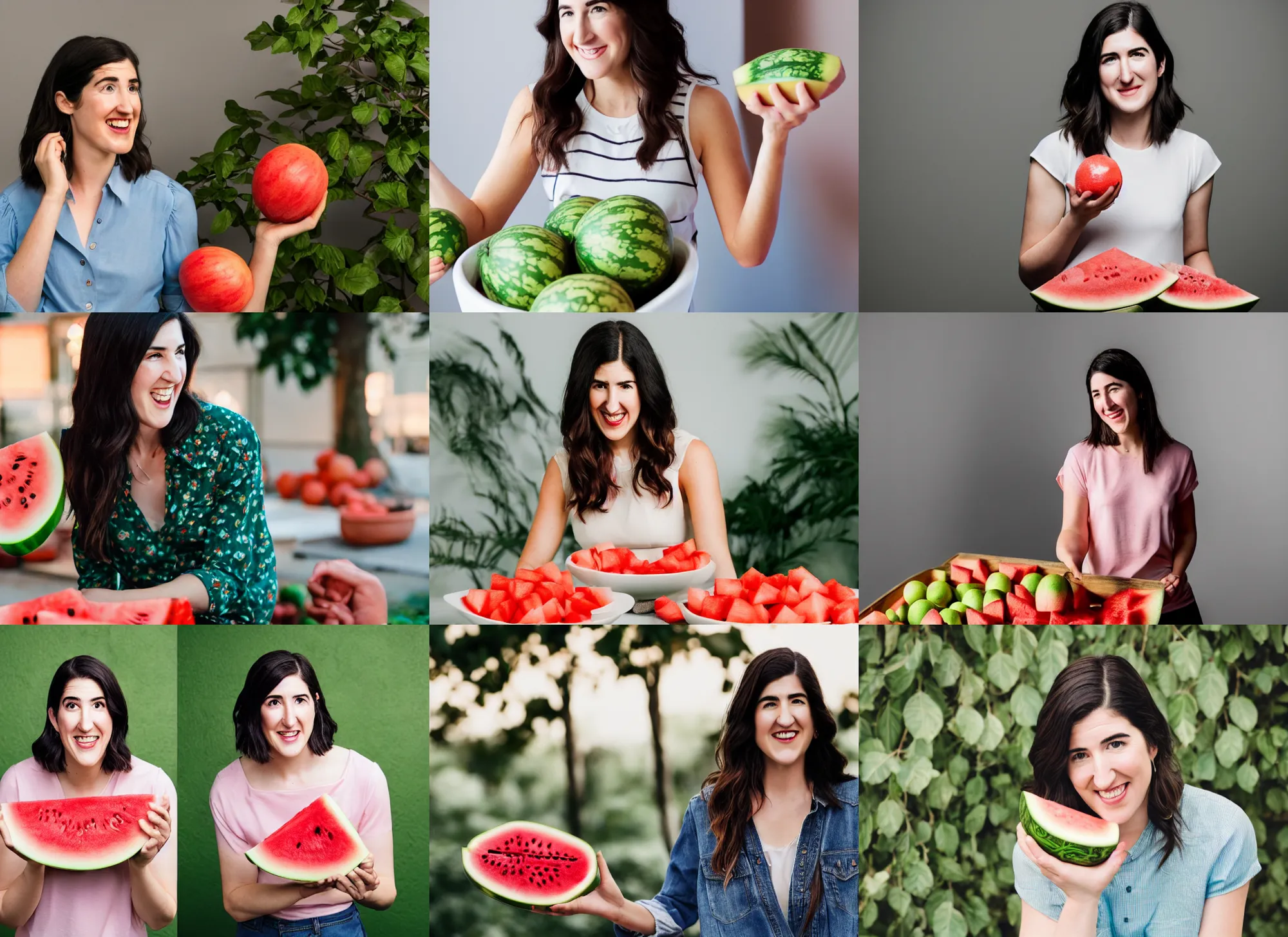 Prompt: photo still of d'arcy carden offering watermelons, 8 k, studio lighting bright ambient lighting key light, 8 5 mm f 1. 8