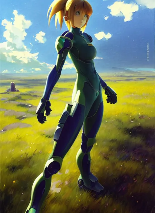 Image similar to Makoto Shinkai painting of Samus from Metroid Prime, countryside, calm, fantasy character portrait, dynamic pose, above view, sunny day, thunder clouds in the sky, artwork by Jeremy Lipkin and Giuseppe Dangelico Pino and Michael Garmash and Rob Rey, very coherent asymmetrical artwork, sharp edges, perfect face, simple form, 100mm