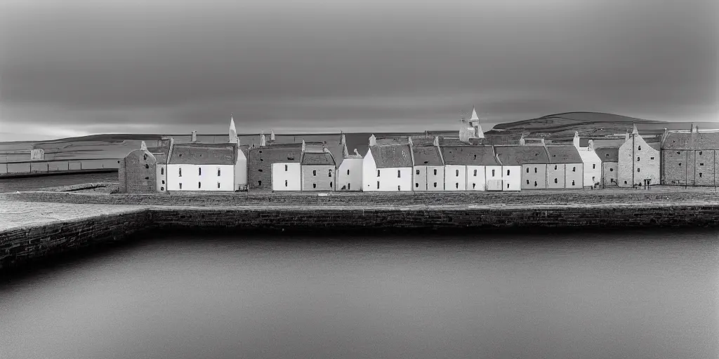 Prompt: a camera obscura photograph of the harbour at Stromness orkney, pin-hole, blur, vignette