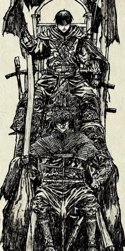 Image similar to a king on a throne drawn by Makoto Yukimura in the style of Vinland saga anime