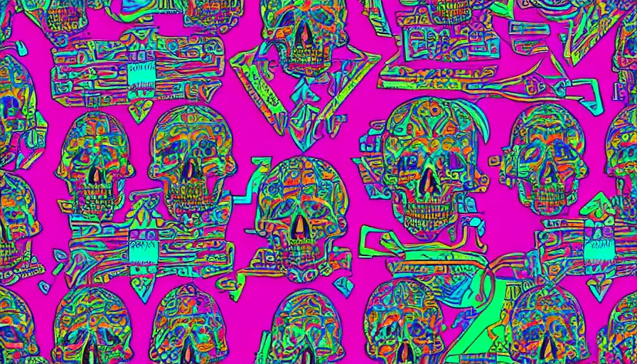 Image similar to single psychedelic aztec skull outrun style