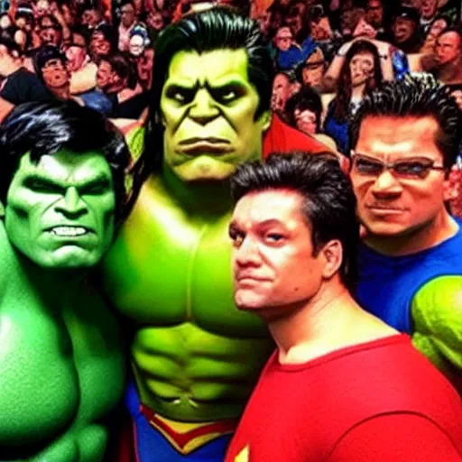 Image similar to supermen and hulk at WWE