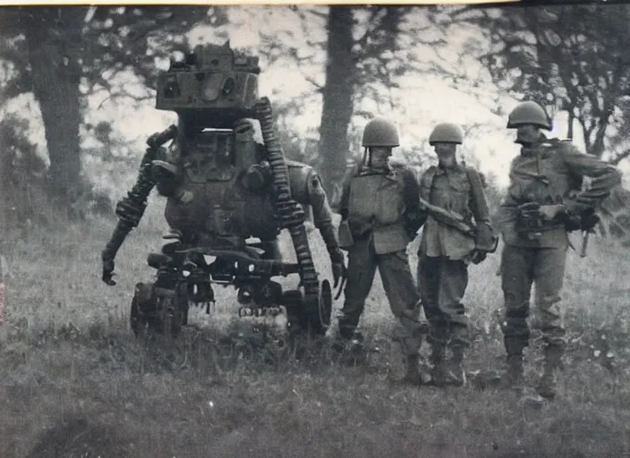 Prompt: found polaroid picture of a world war two 2 legs mech war machine and us soldiers