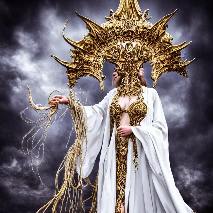 Image similar to full length photo of a very beautiful!! elemental air witch with ornate white robes, highly detailed, 4 k, hdr, smooth, sharp focus, high resolution, award - winning photo