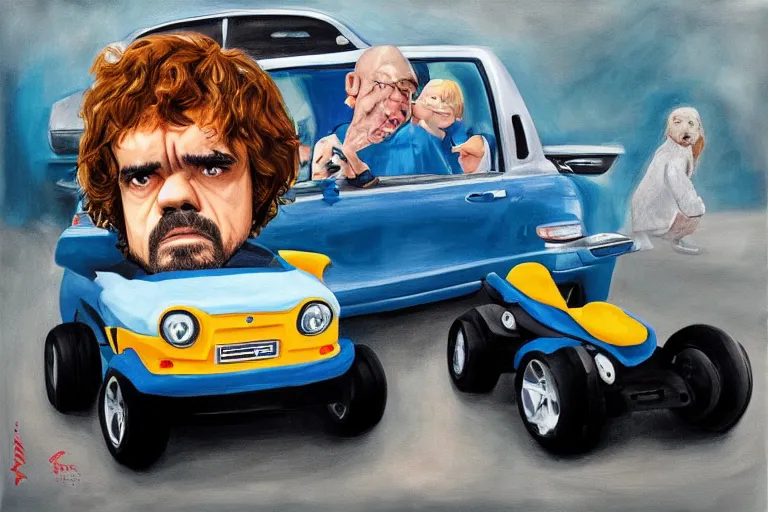 Image similar to black velvet painting of peter dinklage driving a little tikes crazy coupe