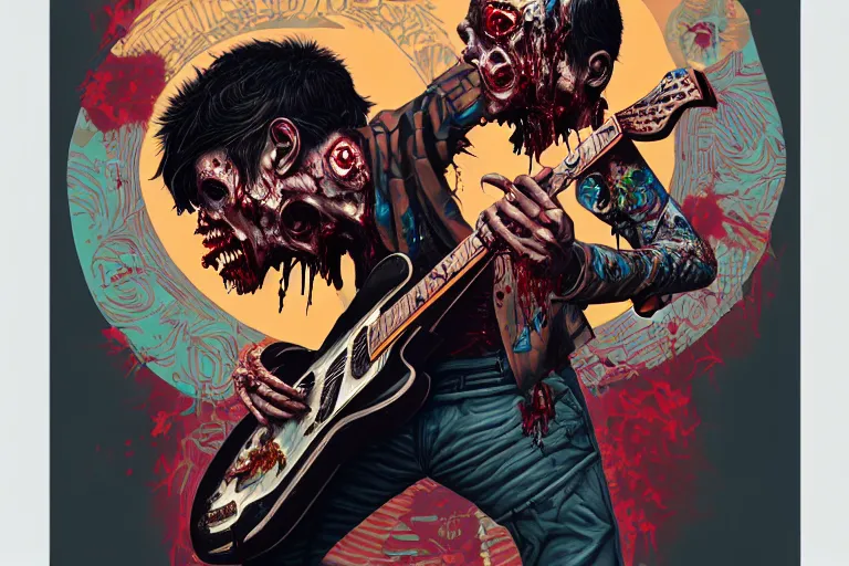 Prompt: zombie punk guitar player, tristan eaton, victo ngai, artgerm, rhads, ross draws, intricated details, 3 / 4 view, full body portrait