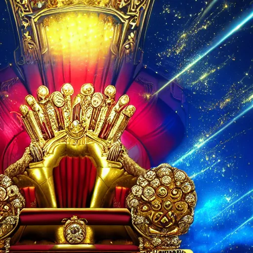 Image similar to anime of a shining majestic throne made of millions of diamonds, gold and zaphires with thousands of light reflections, and a clown on a tuxedo suit is sitting on the throne while handing a golden balloon, dramatic light, digital painting, ultradetailed, artstation, oil painting, ultradetailed, artstation