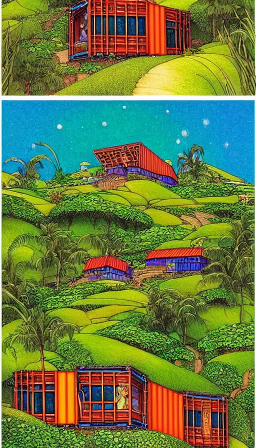 Image similar to hobbit monastery on hawaii, shipping containers emerging from hillside, prefab mini homes, by Ivan Bilibin, Lisa Frank