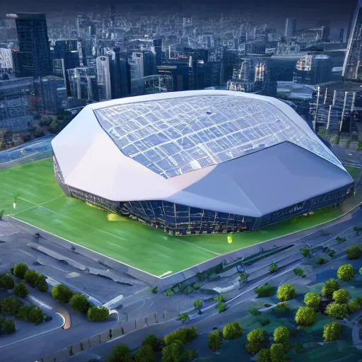 Prompt: a futuristic stadium in the middle of a city, hexagonal shaped, hexadome, unreal engine, epic lighting, crowd cheering,