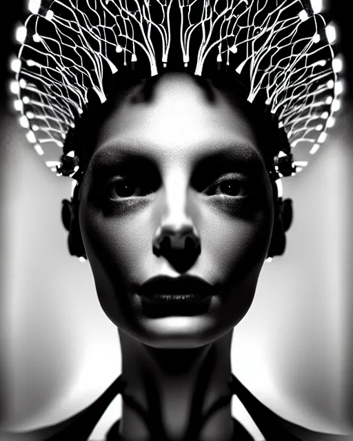 Image similar to black and white cyborg-plant goddess high quality photo, microchip, artificial intelligence, bio-mechanical bio-luminescence, black wired cables, neurons, nerve cells, octane render, cinematic, rim light, hyper realism, photo-realistic, high detail, 8k, masterpiece, high fashion, in the style of Steven Meisel and Dora Maar and H.G. Giger