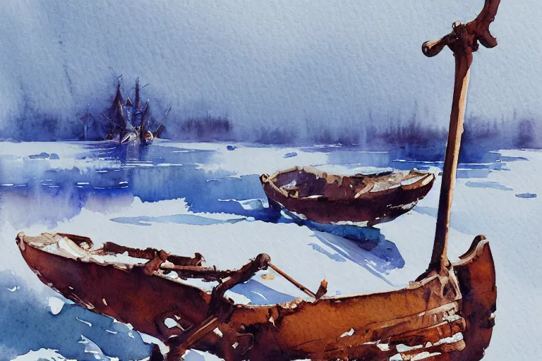 Image similar to small centered on watercolor paper, paint brush strokes, abstract watercolor painting of ancient viking wreck skeleton in frozen lake, daylight, blue sky, cinematic light, national romanticism by hans dahl, by jesper ejsing, by anders zorn, by greg rutkowski, by greg manchess, by tyler edlin