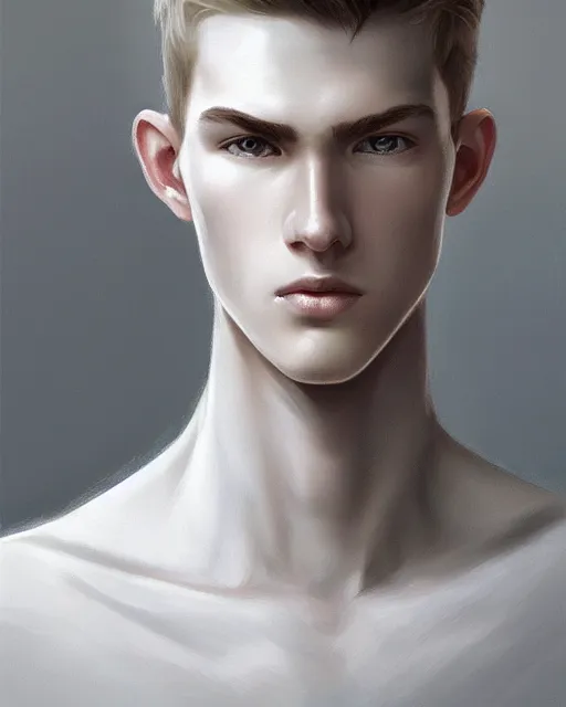 Image similar to portrait of 1 5 - year - old boy, a tall, slender boy with a pale, pointed face, sleek blond hair, and ice grey eyes, cold grey eyes, highly detailed, digital painting, artstation, concept art, smooth, sharp focus, illustration, art by artgerm and greg rutkowski and alphonse mucha