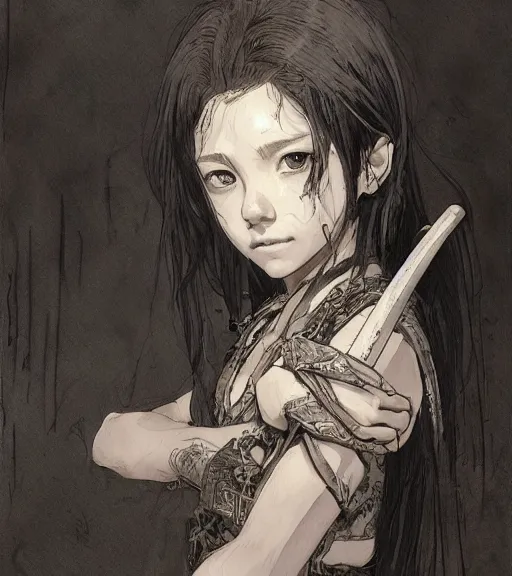 Image similar to portrait of anime girl holding a machete, pen and ink, intricate line drawings, by craig mullins, ruan jia, kentaro miura, greg rutkowski, loundraw