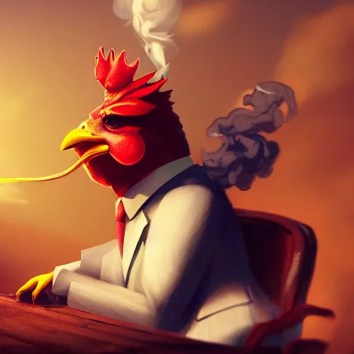 Image similar to a chicken wearing a suit smoking a cigar, dramatic lighting, cinematic, establishing shot, extremly high detail, photorealistic, cinematic lighting, artstation, style by James Gurney