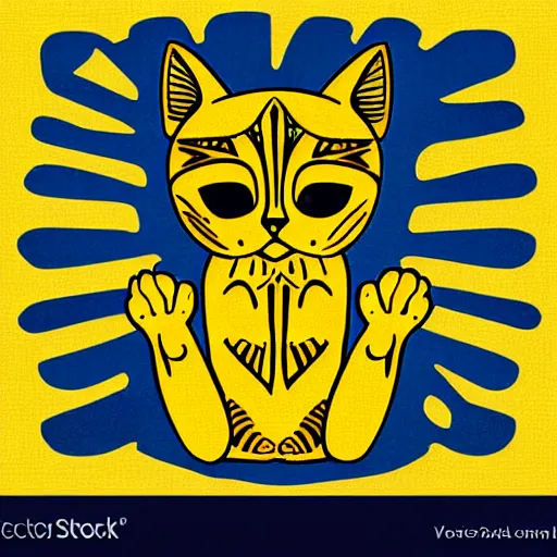 Image similar to tattoo sketch of a cat hugging the sun, on a yellow paper, african ornament, minimalism, vector